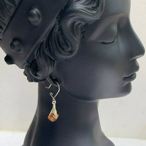 Sterling Silver 925 Women's Amber Drop Dangle Cube Shape Earrings - Picture 6 of 13